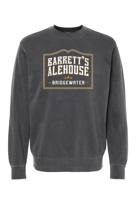 Charcoal pigment-dyed crewneck sweatshirt featuring a Barrett's Alehouse Bridgewater logo graphic on the chest.