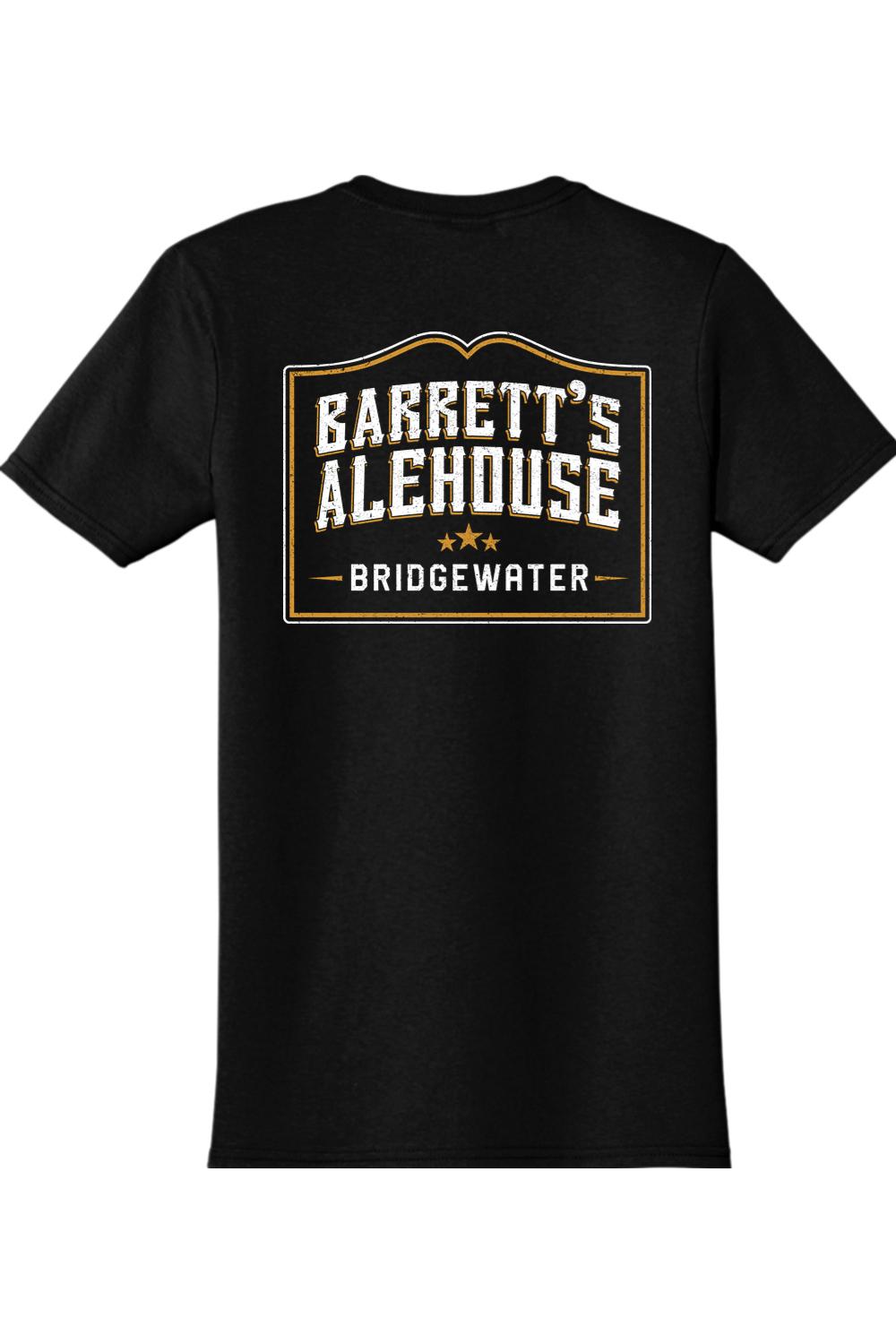 Black 100% cotton T-shirt featuring a vintage-style Barrett's Alehouse Bridgewater logo graphic on the back.