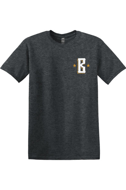 Dark heather gray cotton T-shirt featuring a white and gold Barrett's Alehouse B logo on the chest.