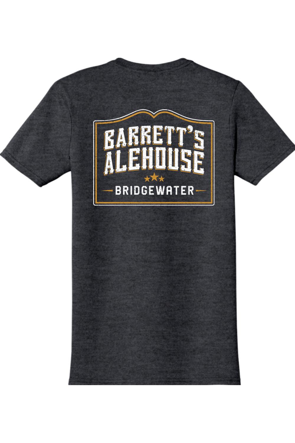 Dark heather gray cotton T-shirt featuring a vintage-style Barrett's Alehouse Bridgewater logo on the back.