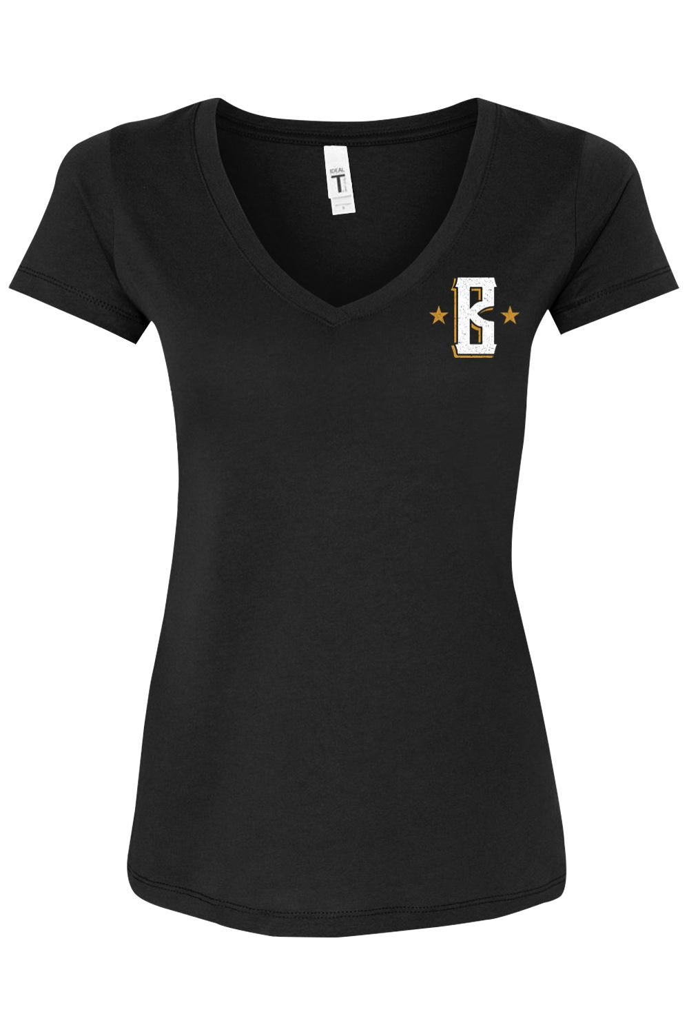 Black women's v-neck t-shirt with a gold and white Barrett's Alehouse B logo on the chest, made of soft cotton-poly blend.