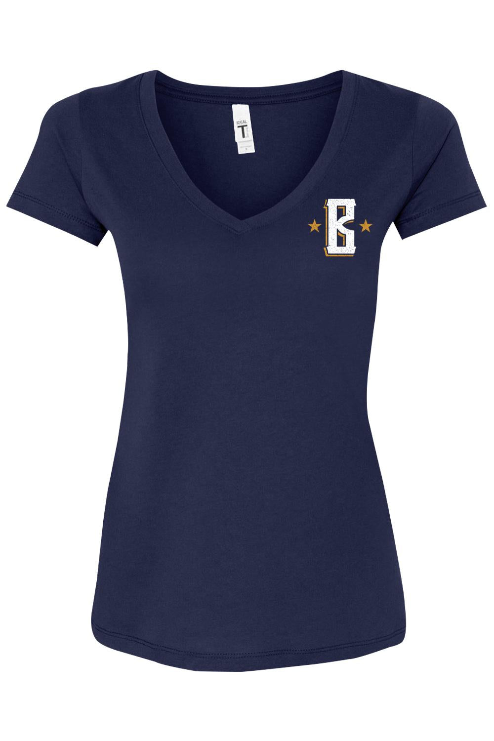 Navy blue women's V-neck t-shirt featuring a white and gold Barrett's Alehouse B logo on the chest.