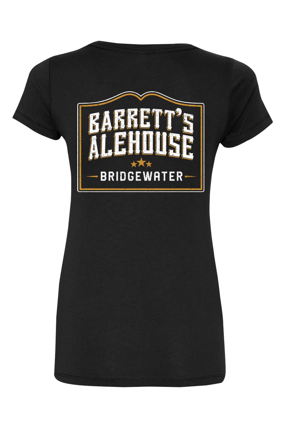 Black women's V-neck t-shirt featuring a gold and white Barrett's Alehouse Bridgewater logo on the back.