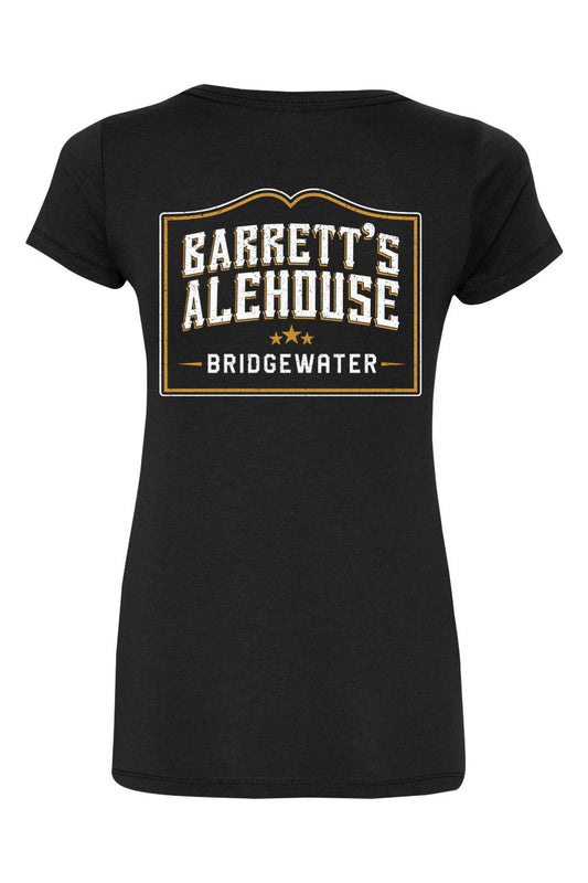 Black women's V-neck t-shirt featuring a gold and white Barrett's Alehouse Bridgewater logo on the back.
