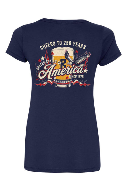 Navy blue women's V-neck cotton blend t-shirt featuring a vintage Barrett's Alehouse 250-year anniversary graphic.