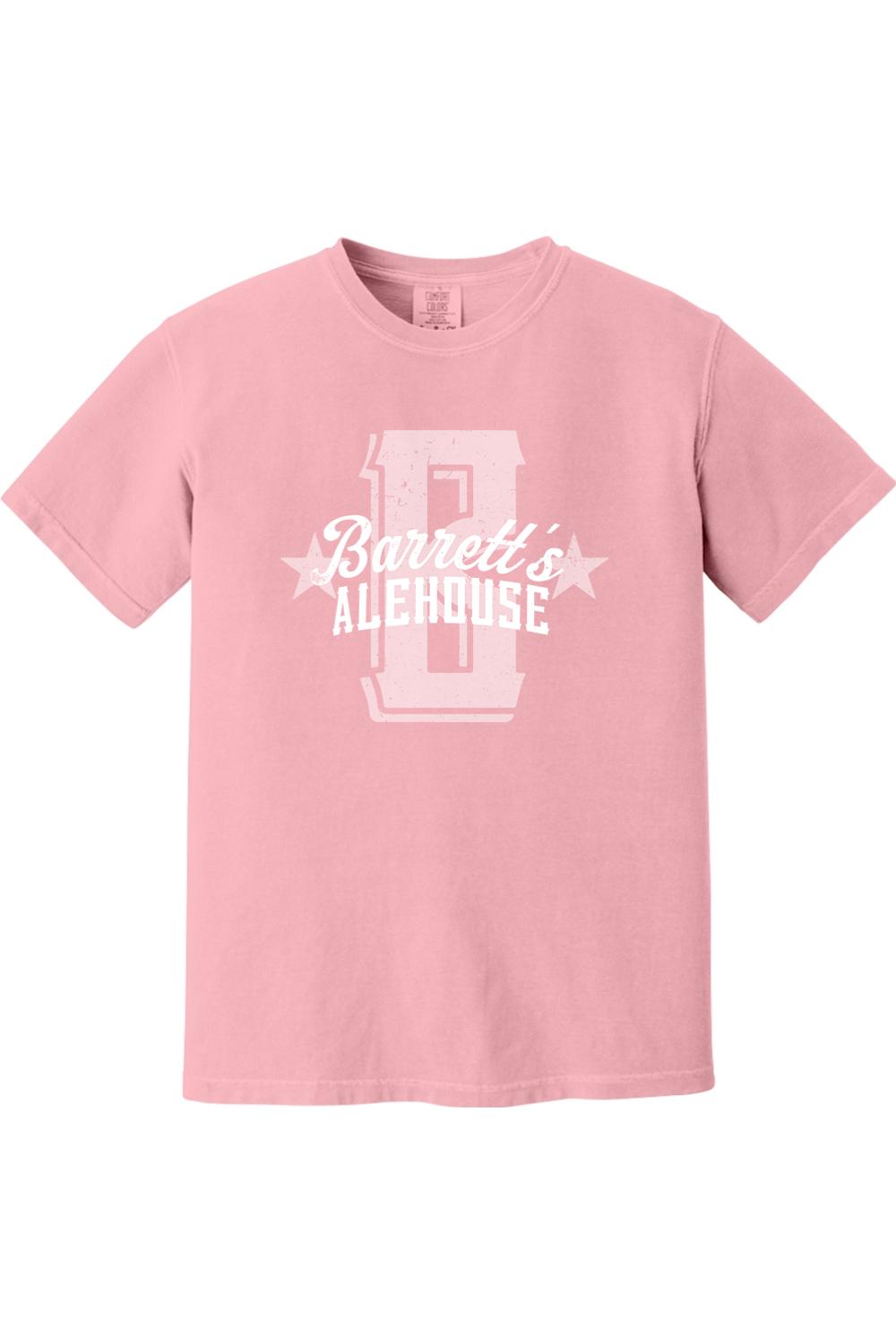 Pink Comfort Colors short sleeve cotton t-shirt featuring a white Barrett's Alehouse logo with stars in a relaxed fit.