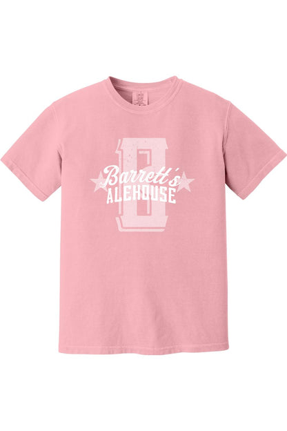 Pink Comfort Colors short sleeve cotton t-shirt featuring a white Barrett's Alehouse logo with stars in a relaxed fit.