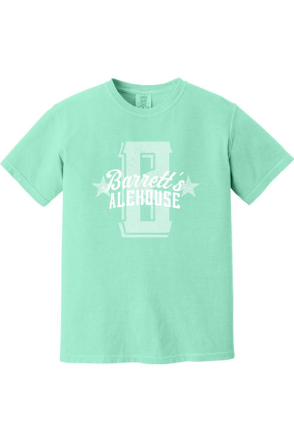 Mint green Comfort Colors short sleeve cotton t-shirt featuring a white distressed Barrett's Alehouse logo graphic.