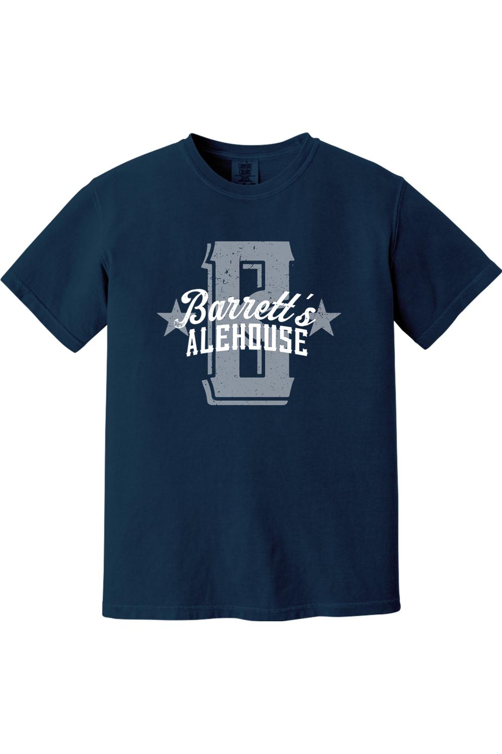 Navy blue Comfort Colors short sleeve cotton t-shirt featuring a distressed grey Barrett's Alehouse logo graphic.