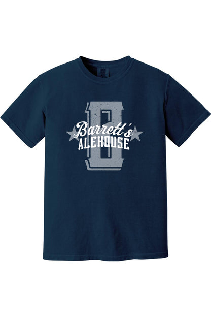 Navy blue Comfort Colors short sleeve cotton t-shirt featuring a distressed grey Barrett's Alehouse logo graphic.