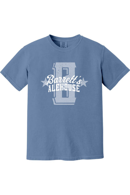 Blue Comfort Colors short sleeve cotton t-shirt featuring a distressed white Barrett's Alehouse logo graphic.