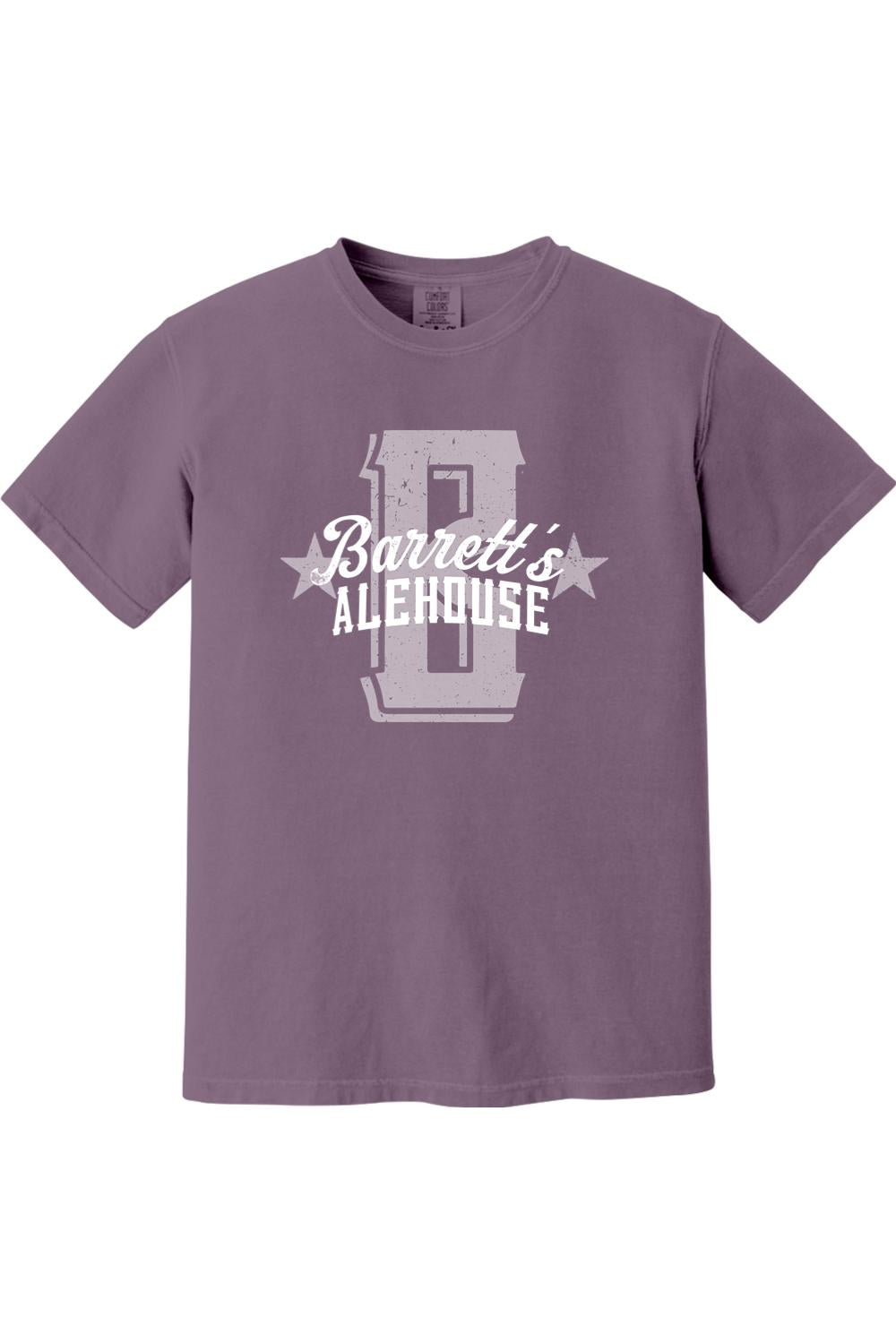 Purple Comfort Colors short sleeve t-shirt featuring a white Barrett's Alehouse logo graphic on 100% cotton fabric.