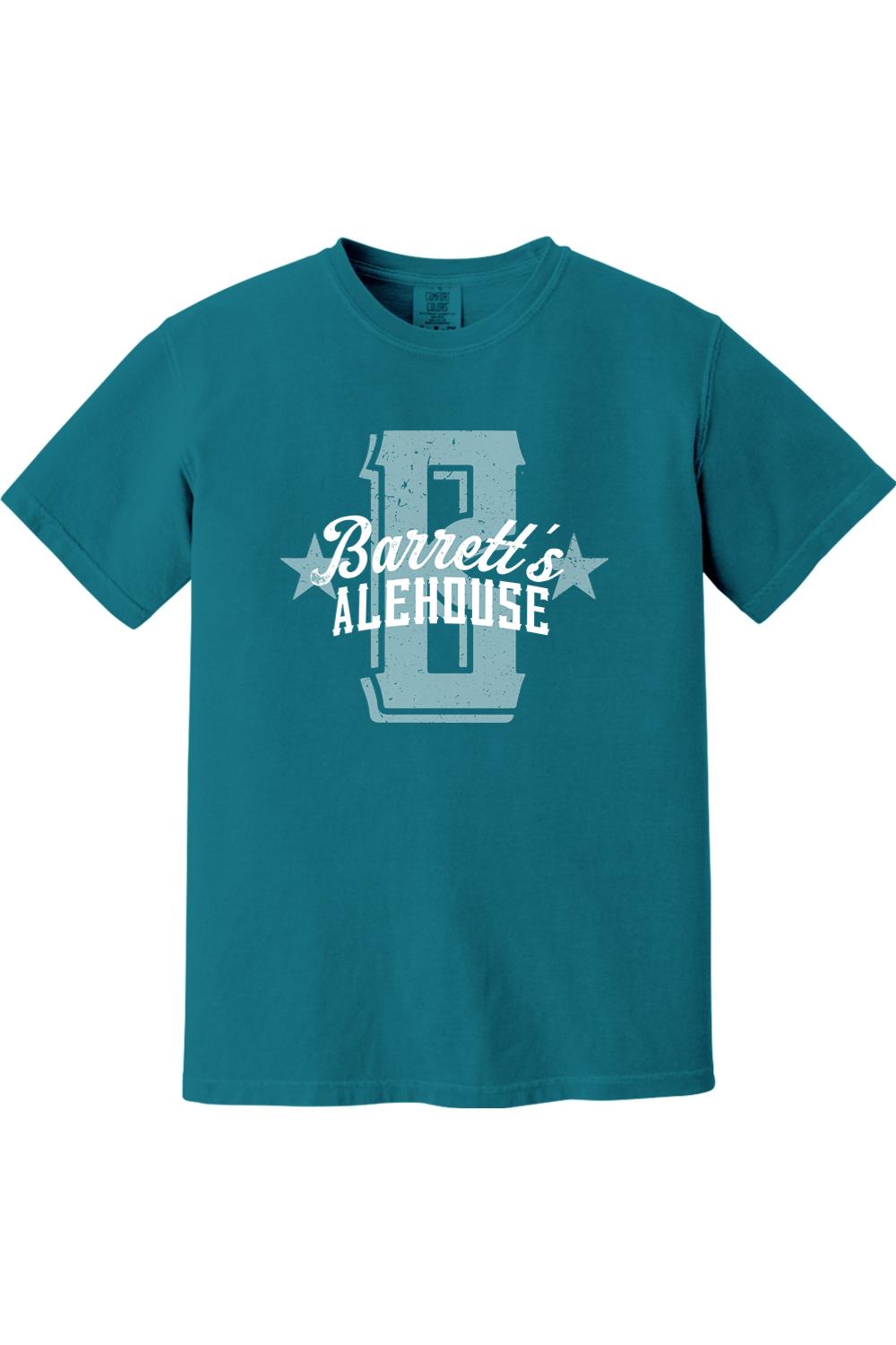 Teal Comfort Colors short sleeve cotton t-shirt featuring a distressed Barrett's Alehouse logo graphic on the chest.