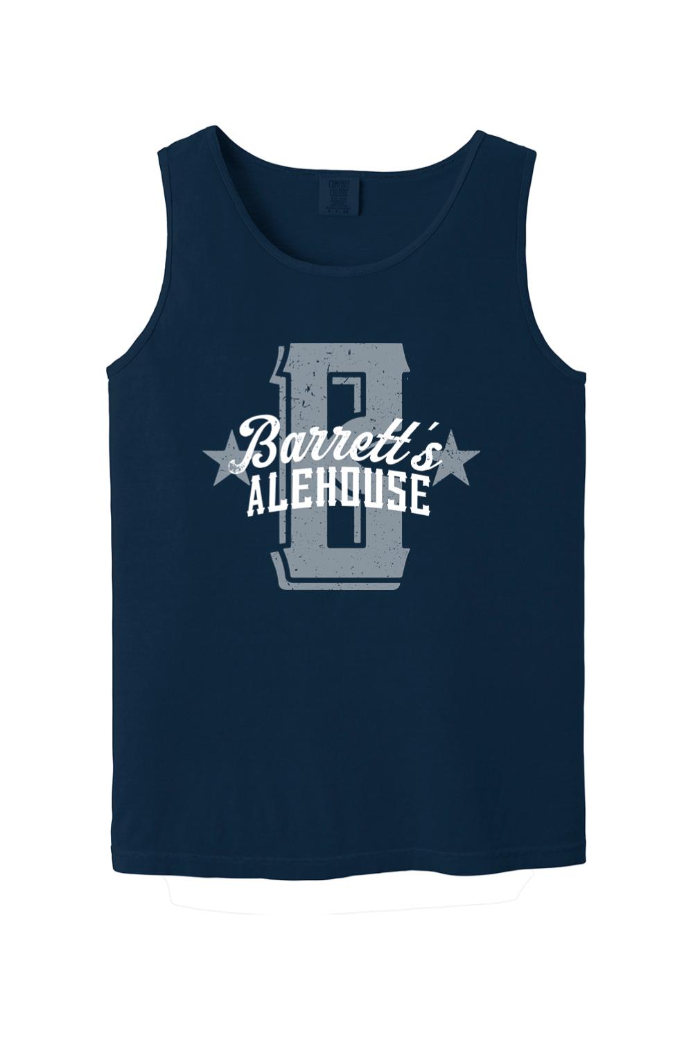 Navy blue Comfort Colors tank top featuring a distressed grey Barrett's Alehouse logo and stars on 100% ring-spun cotton.