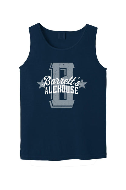 Navy blue Comfort Colors tank top featuring a distressed grey Barrett's Alehouse logo and stars on 100% ring-spun cotton.
