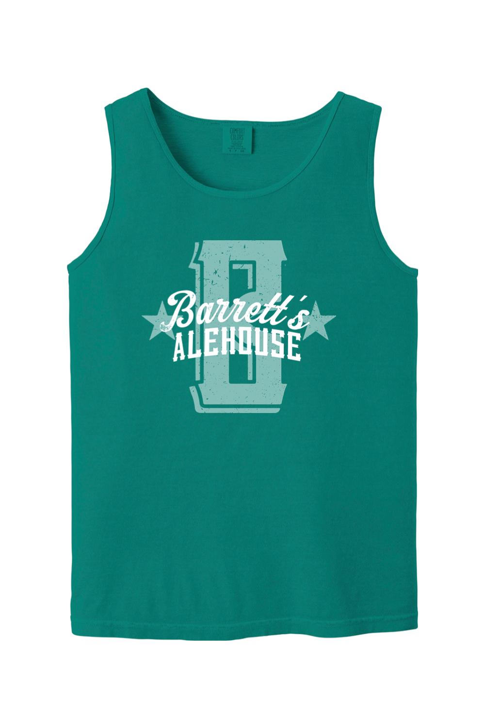 Teal Comfort Colors tank top featuring a distressed Barrett's Alehouse logo graphic in soft cotton.