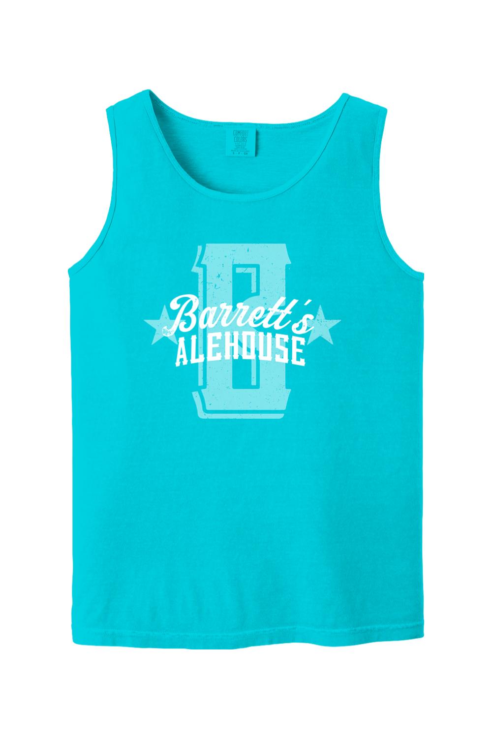 Bright turquoise Comfort Colors tank top in soft ring-spun cotton with a distressed Barrett's Alehouse logo graphic.
