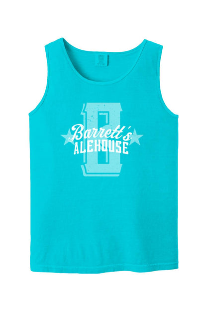 Bright turquoise Comfort Colors tank top in soft ring-spun cotton with a distressed Barrett's Alehouse logo graphic.