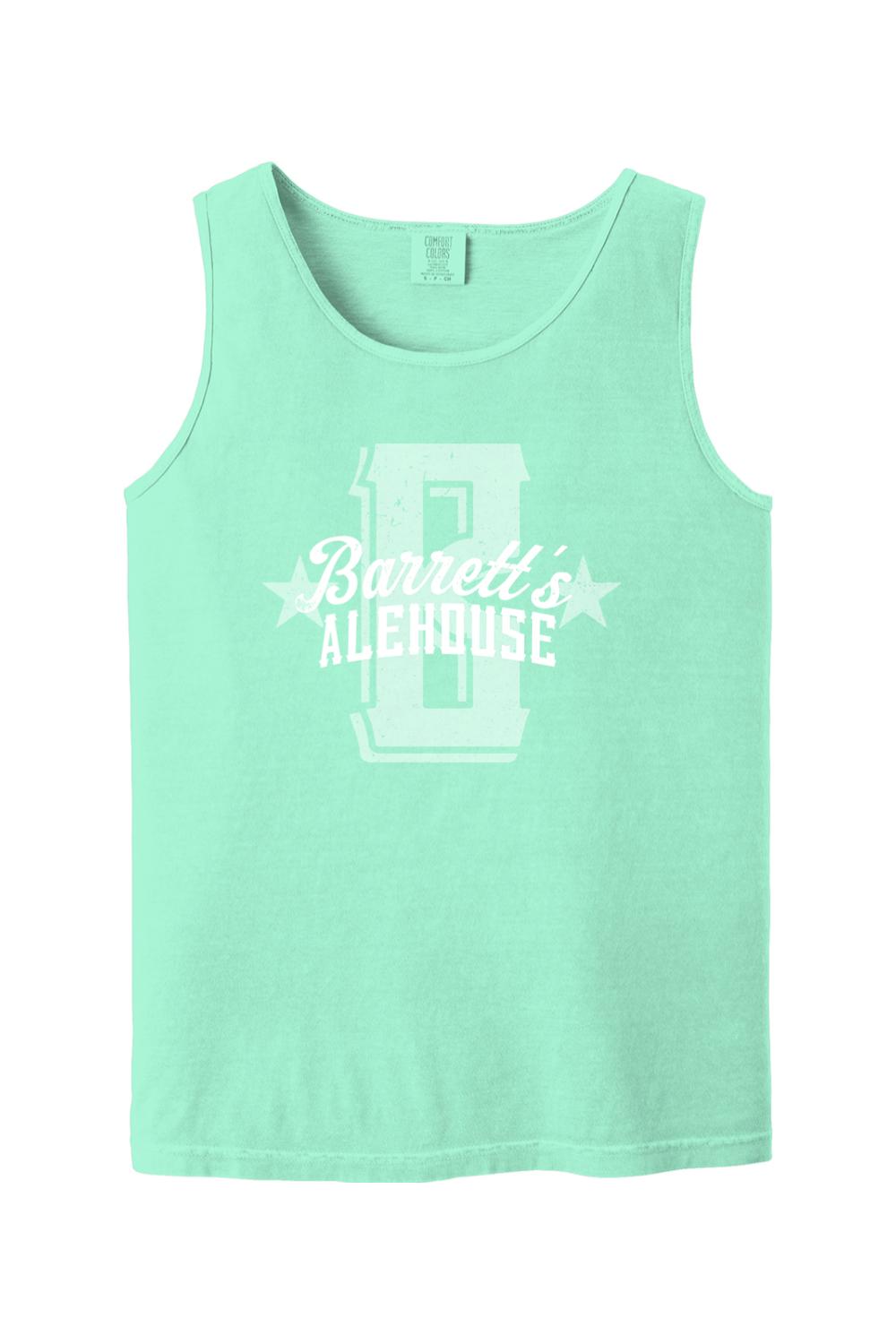 Mint green Comfort Colors tank top in soft ring-spun cotton featuring a white distressed Barrett's Alehouse logo.