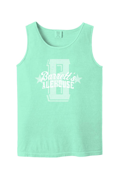 Mint green Comfort Colors tank top in soft ring-spun cotton featuring a white distressed Barrett's Alehouse logo.