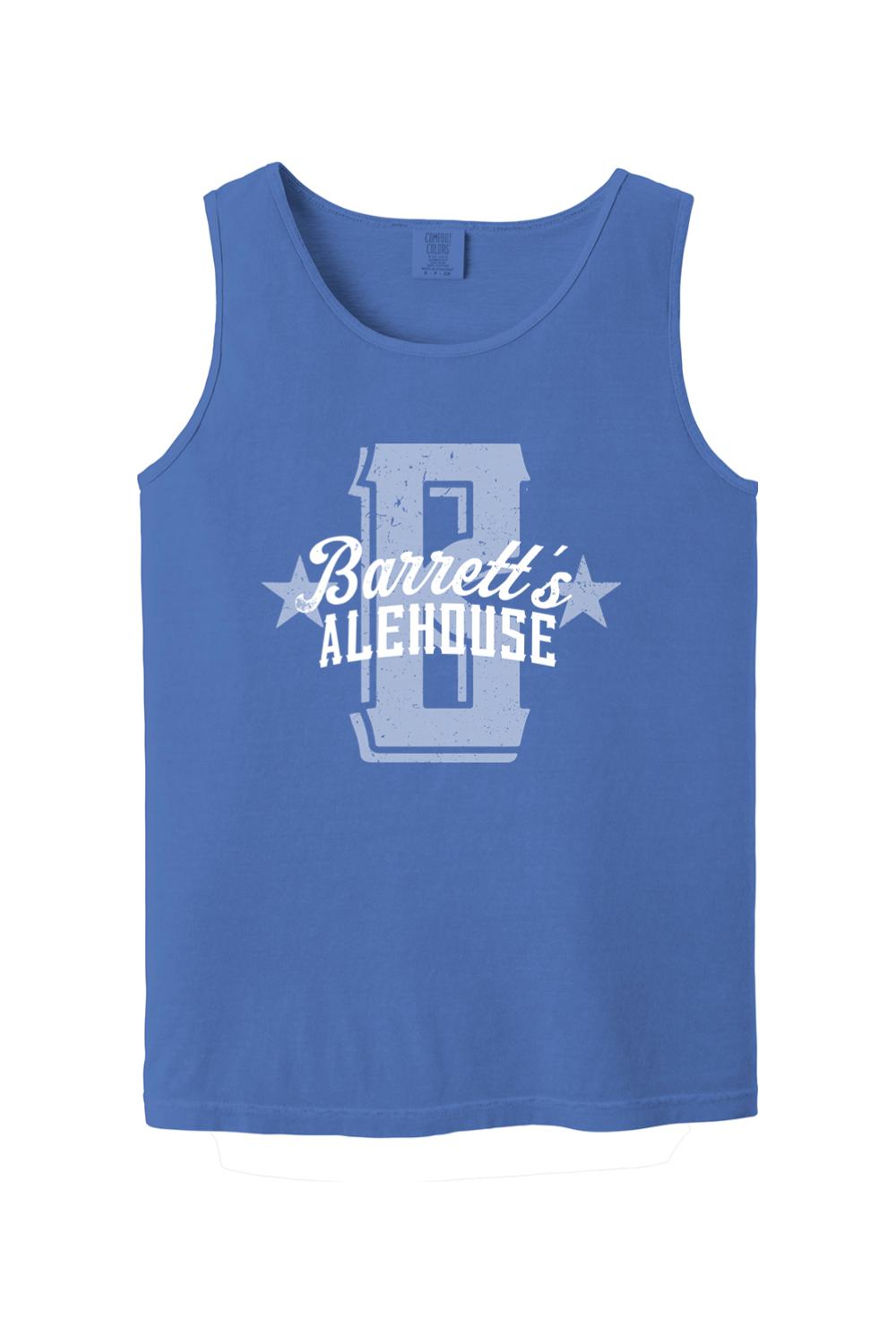 Blue Comfort Colors tank top featuring a distressed white Barrett's Alehouse logo and graphic on soft ring-spun cotton.