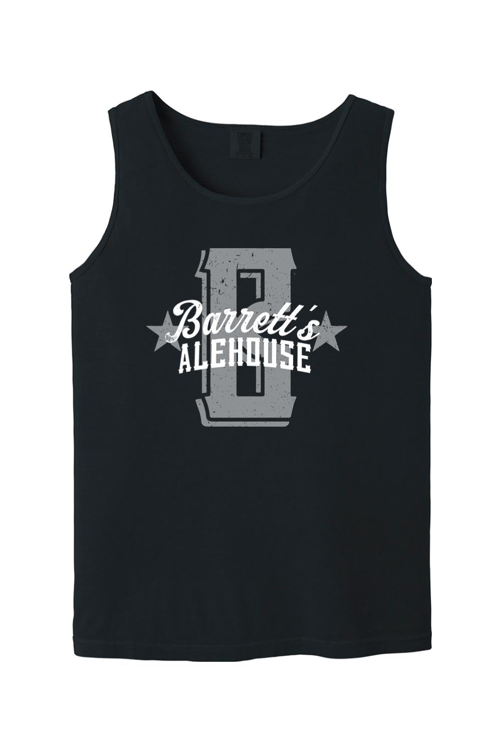 Black Comfort Colors tank top featuring a grey distressed Barrett's Alehouse logo with stars on soft ring-spun cotton.
