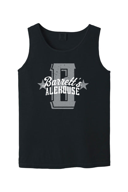 Black Comfort Colors tank top featuring a grey distressed Barrett's Alehouse logo with stars on soft ring-spun cotton.