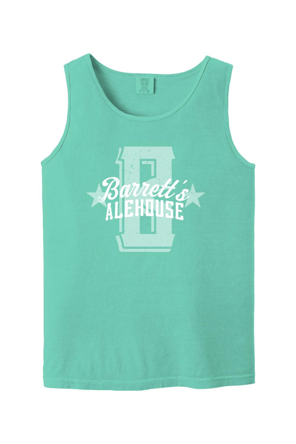 Mint green Comfort Colors cotton tank top featuring a white distressed Barrett's Alehouse logo graphic.