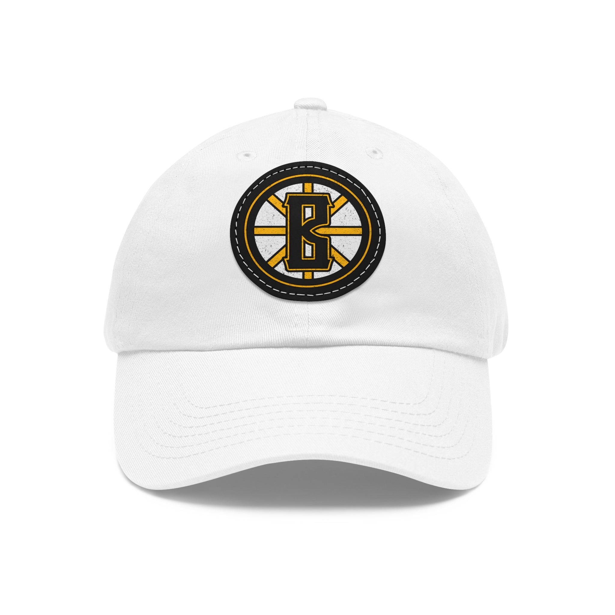White bio-washed cotton dad hat with a black and yellow leather patch featuring a Barrett's Alehouse B logo.