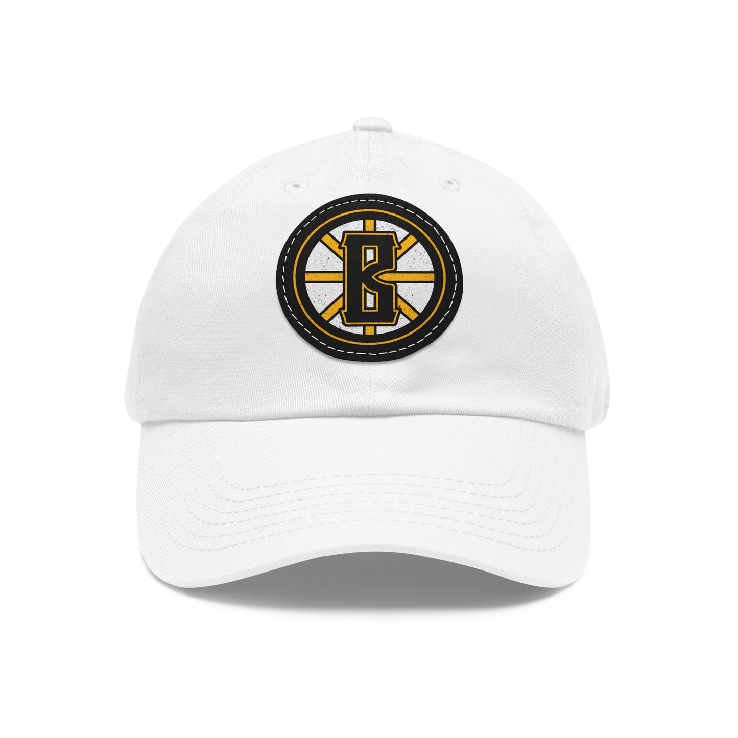 White bio-washed cotton dad hat with a black and yellow leather patch featuring a Barrett's Alehouse B logo.