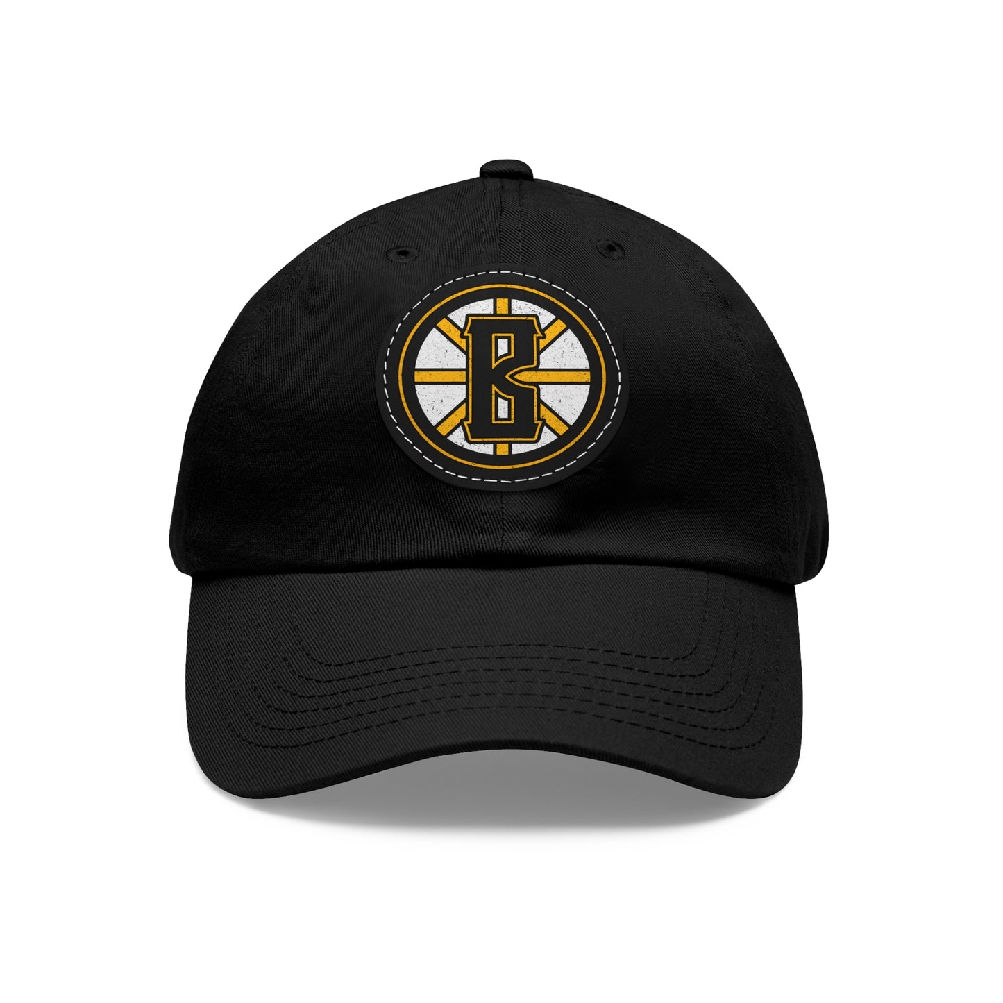 Black unstructured dad hat with a circular leather patch featuring a yellow and white Barrett's Alehouse logo.