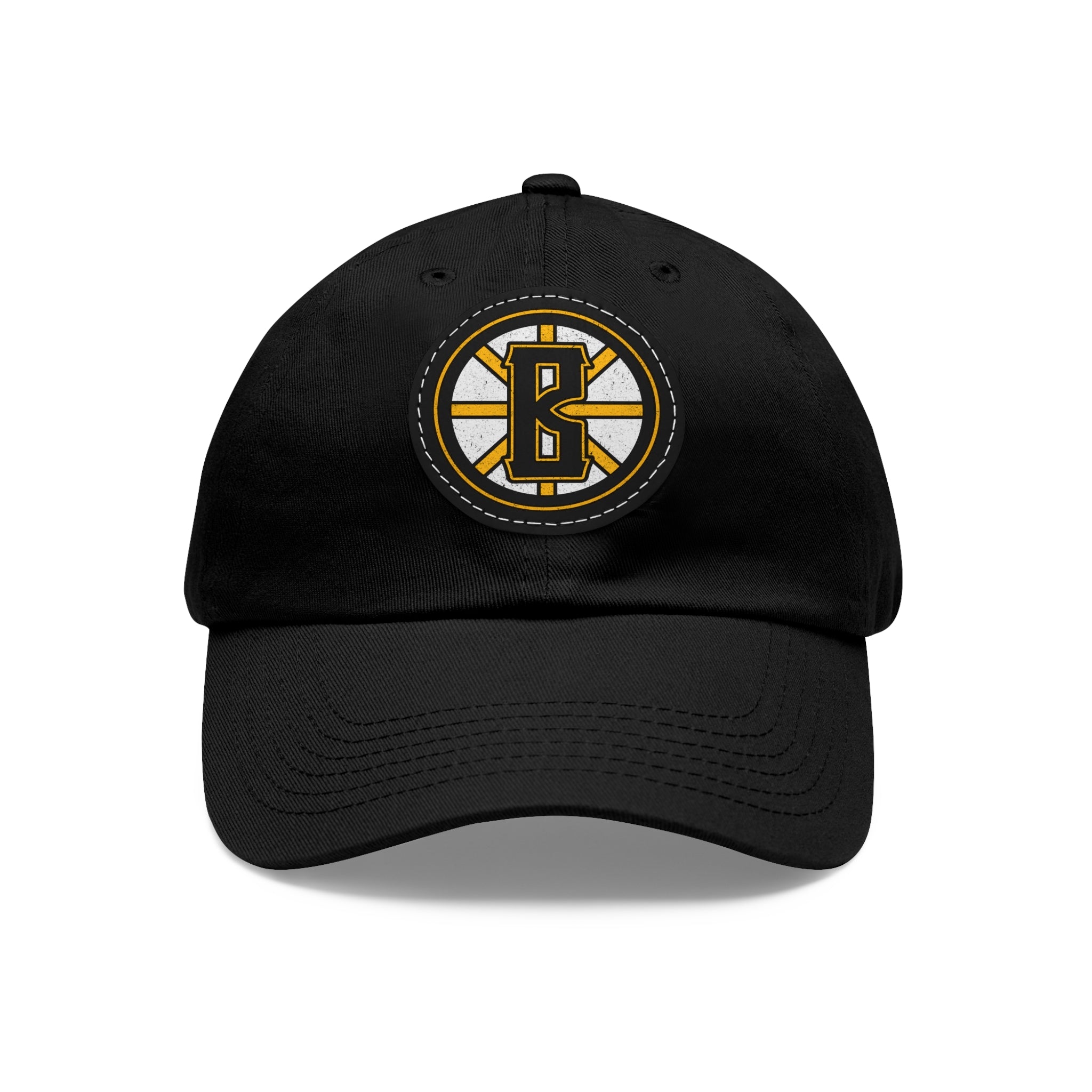 Black unstructured dad hat with a circular leather patch featuring a yellow and white Barrett's Alehouse logo.