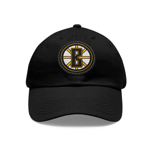Black unstructured dad hat with a circular leather patch featuring a yellow and white Barrett's Alehouse logo.