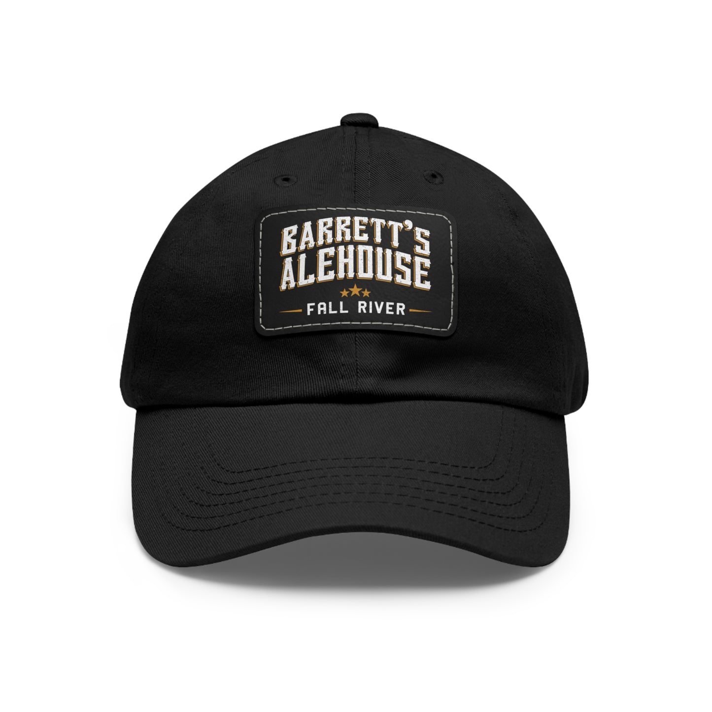 Black unstructured dad hat with a faux leather patch featuring the Barrett's Alehouse Fall River logo.