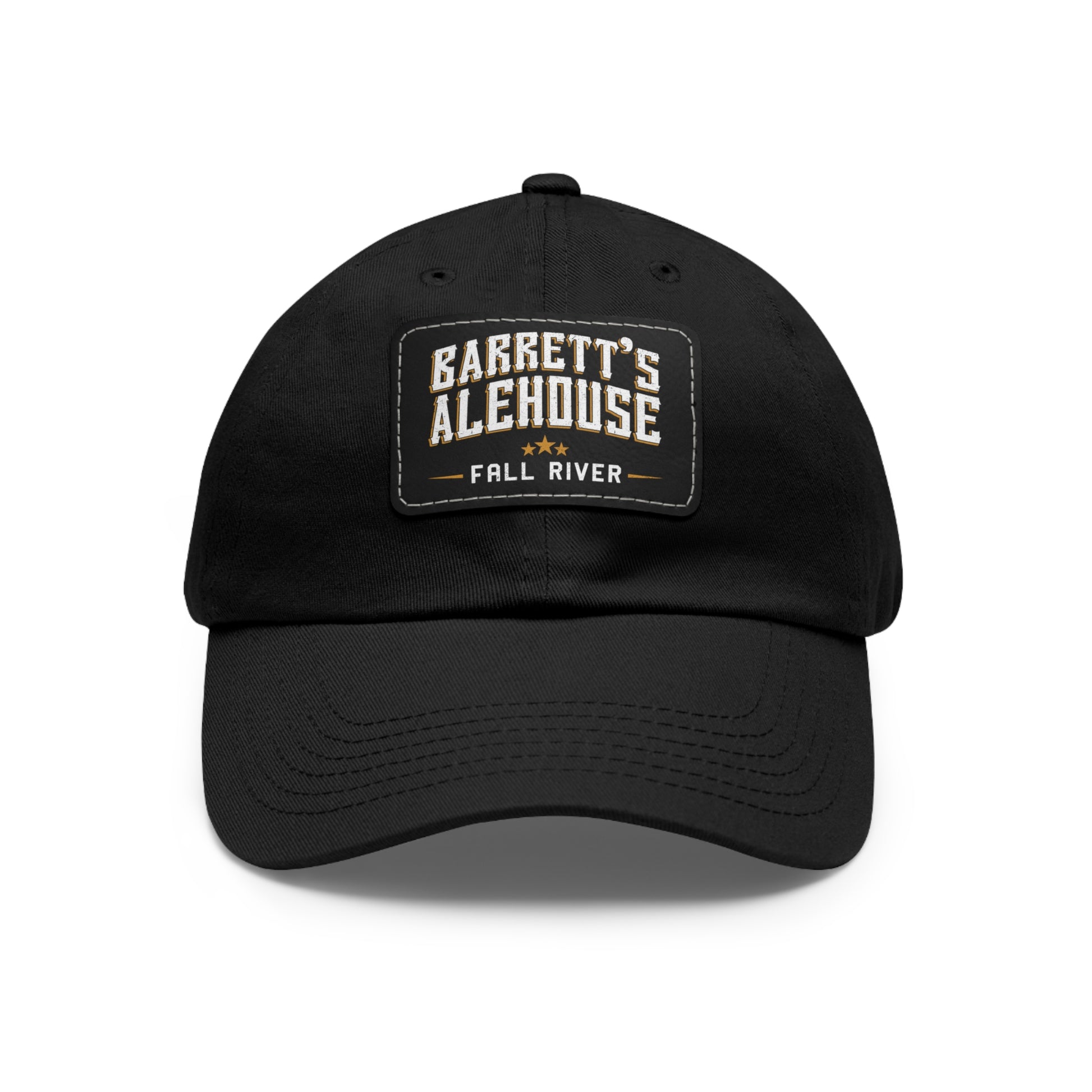 Black unstructured dad hat with a faux leather patch featuring the Barrett's Alehouse Fall River logo.