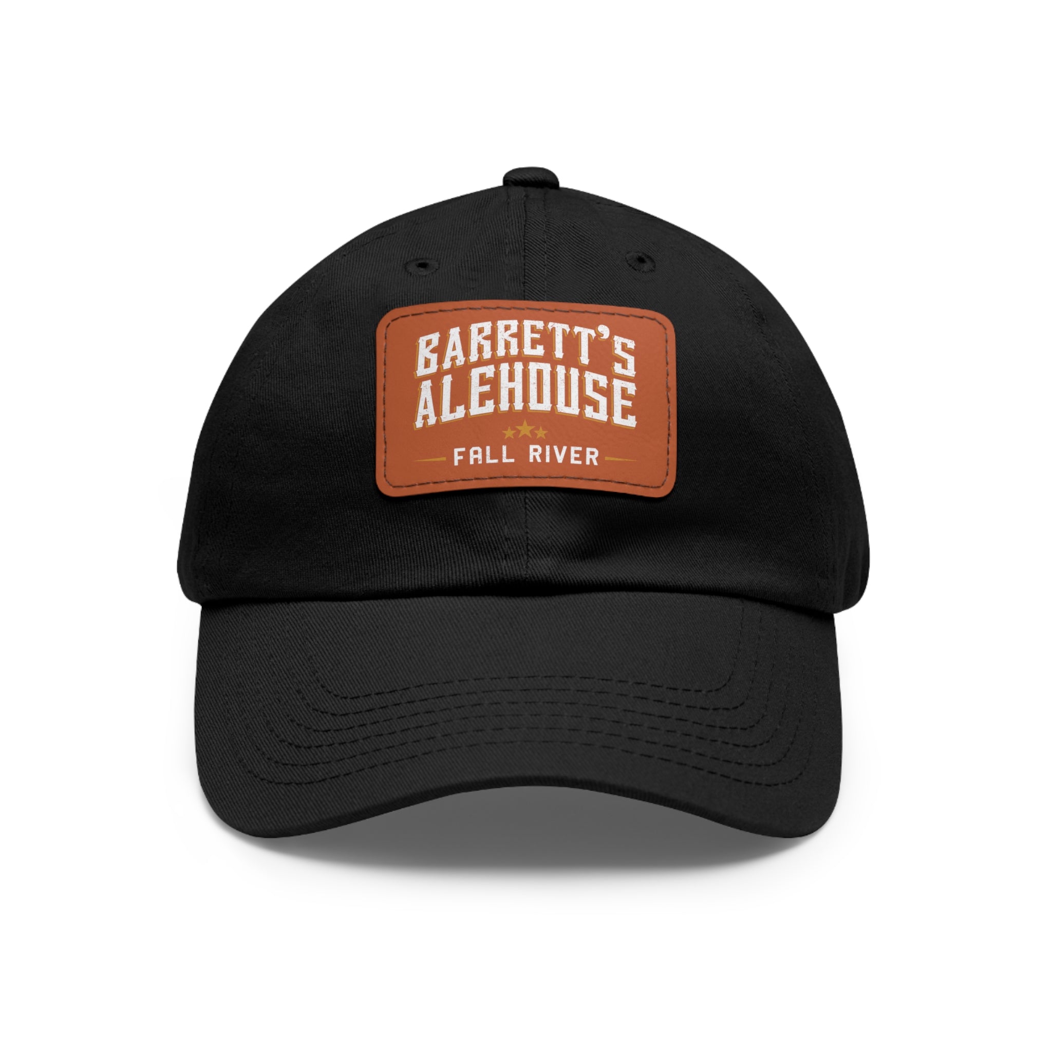 Black unstructured dad hat with a brown faux leather patch featuring the Barrett's Alehouse Fall River logo.