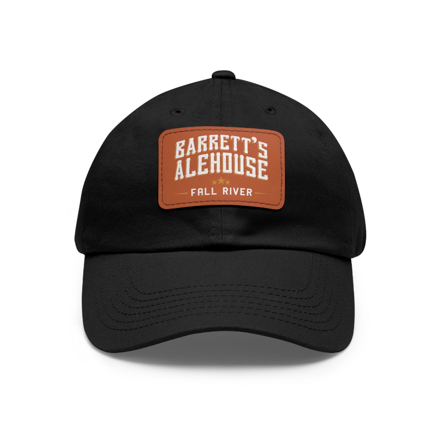 Black unstructured dad hat with a brown faux leather patch featuring the Barrett's Alehouse Fall River logo.