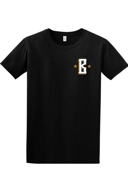 Black 100% cotton crew neck t-shirt featuring a white and gold Barrett's Alehouse B logo on the left chest.