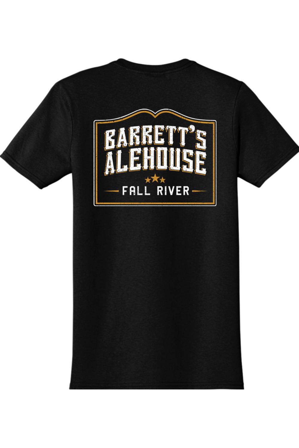 Black 100% cotton t-shirt featuring a distressed Barrett's Alehouse Fall River logo graphic on the back.
