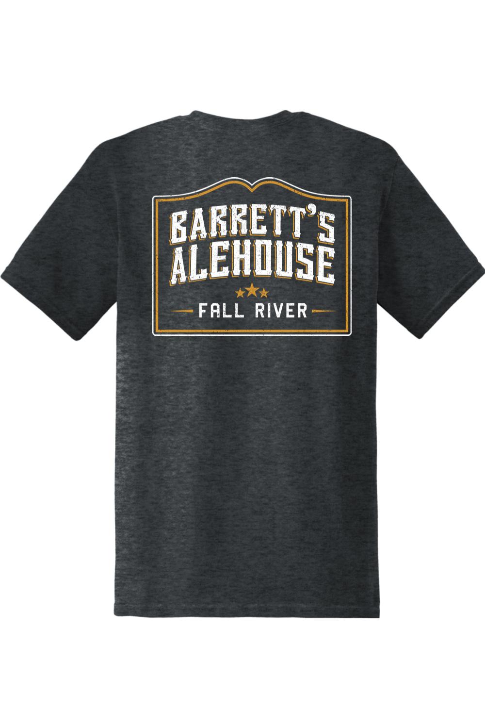 Charcoal grey 100% cotton t-shirt featuring a vintage-style Barrett's Alehouse Fall River logo graphic on the back.