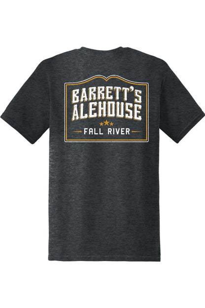 Charcoal grey 100% cotton t-shirt featuring a vintage-style Barrett's Alehouse Fall River logo graphic on the back.