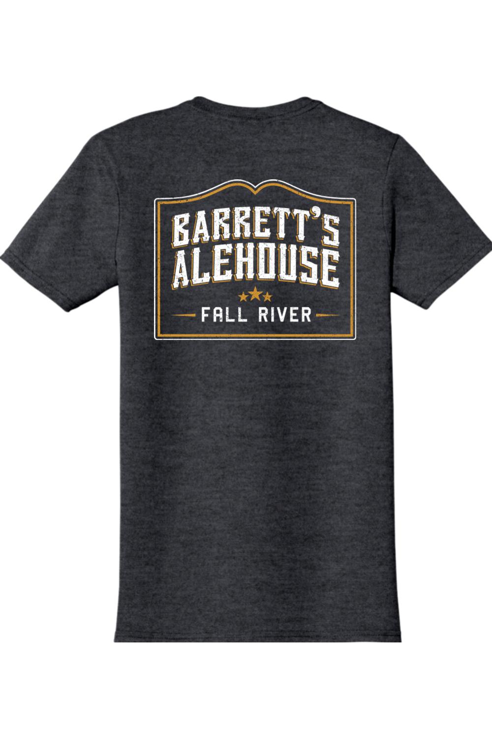 Charcoal grey ring-spun cotton t-shirt featuring a vintage Barrett's Alehouse Fall River logo on the back.