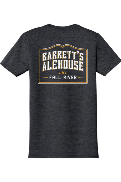 Charcoal grey ring-spun cotton t-shirt featuring a vintage Barrett's Alehouse Fall River logo on the back.