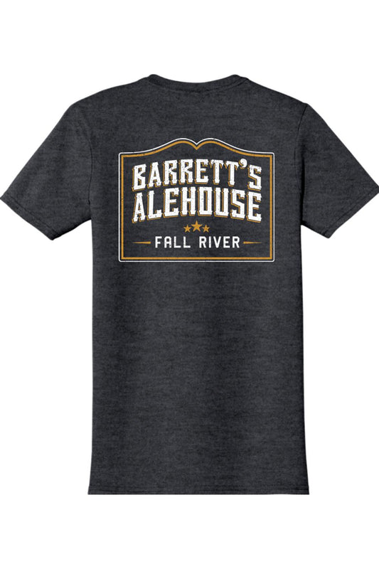 Charcoal grey ring-spun cotton t-shirt featuring a vintage Barrett's Alehouse Fall River logo on the back.