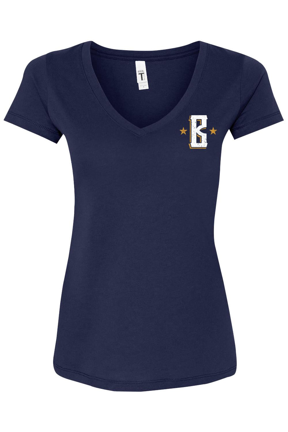 Navy blue women's v-neck t-shirt featuring a white Barrett's Alehouse logo with stars on the left chest.