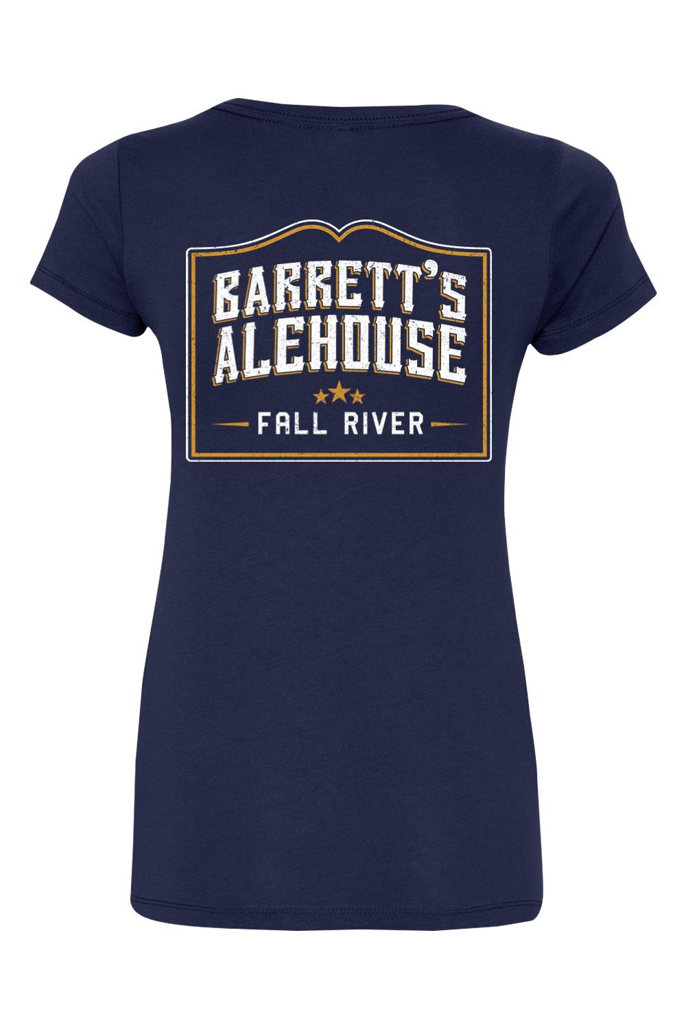 Navy blue women's V-neck t-shirt featuring a white and gold Barrett's Alehouse Fall River logo on the front.