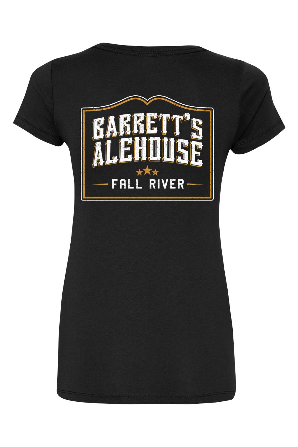 Black women's V-neck t-shirt featuring a distressed Barrett's Alehouse Fall River logo in white and gold on the front.