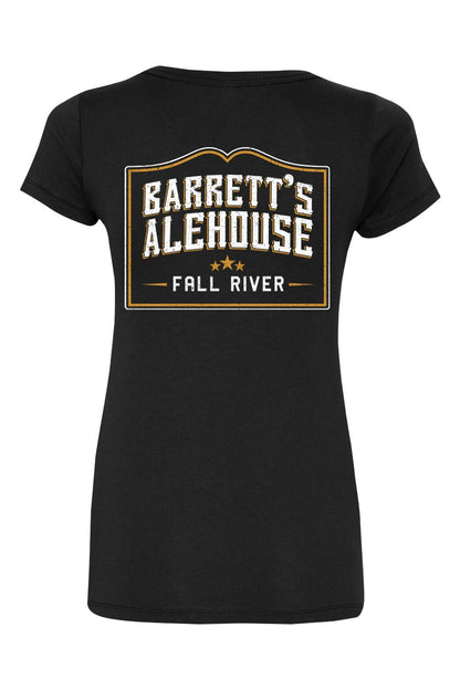 Black women's V-neck t-shirt featuring a distressed Barrett's Alehouse Fall River logo in white and gold on the front.