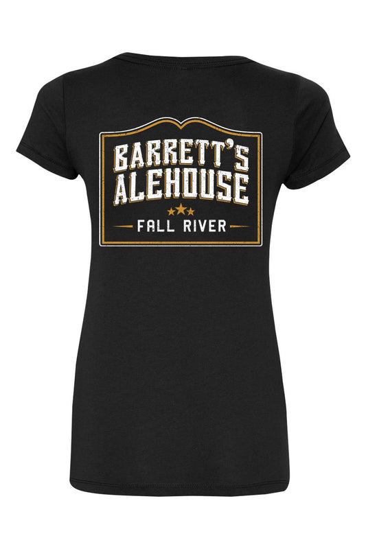 Black women's V-neck t-shirt featuring a distressed Barrett's Alehouse Fall River logo in white and gold on the front.