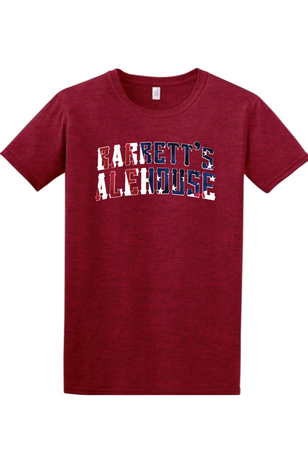 Maroon ring-spun cotton t-shirt featuring a Barrett's Alehouse logo with a red, white, and blue flag pattern.